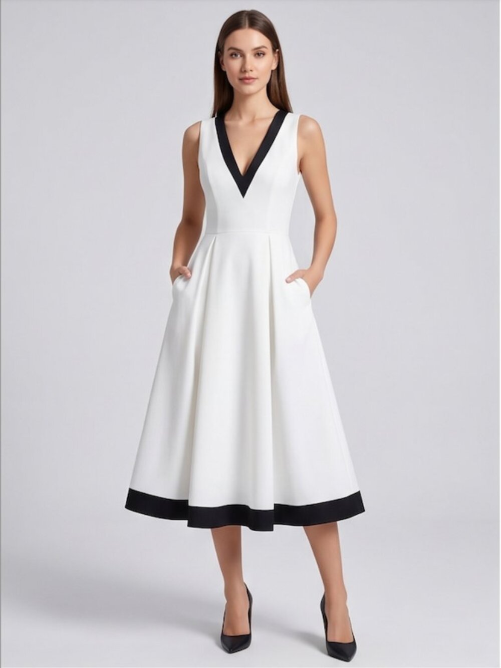Chic Contrast Trim Pleated Flare Midi Dress with Pockets White/Black - Picture 5 of 7